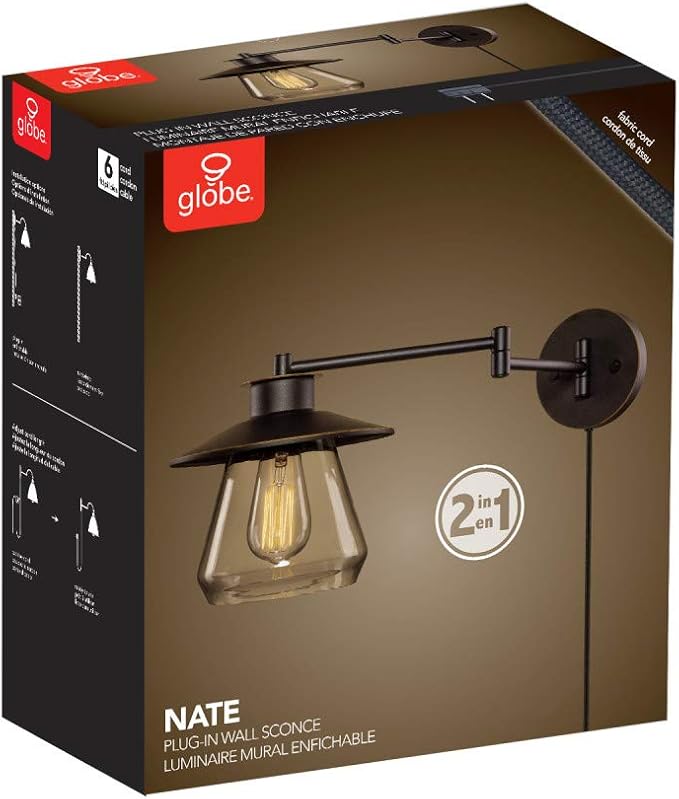 Globe Electric 51543 Nate 1-Light Plug-in or Hardwire Swing Arm Wall Sconce, Oil Rubbed Bronze, Clear Glass Shade, 6ft Black Fabric Covered Cord, Inline On/Off Rocker Switch, Bulb Not Included