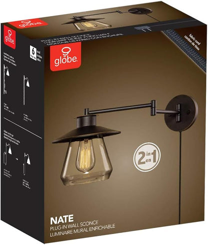 Globe Electric 51543 Nate 1-Light Plug-in or Hardwire Swing Arm Wall Sconce, Oil Rubbed Bronze, Clear Glass Shade, 6ft Black Fabric Covered Cord, Inline On/Off Rocker Switch, Bulb Not Included