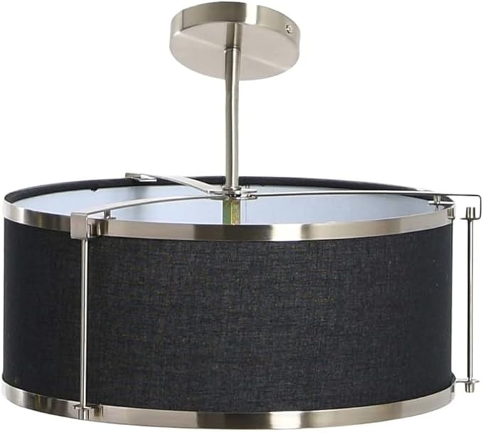 Harrison- Metal Semi-Flush Mount Ceiling Light with Captured Linen Shade, Black and Brushed Nickel