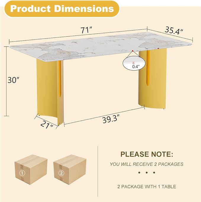 gopop Modern Dining Table for 6,71'' Faux Marble Kitchen Table with Gold Stainless Steel Base,Rectangular Gold Dinner Table Ideal for Kitchen Home Office
