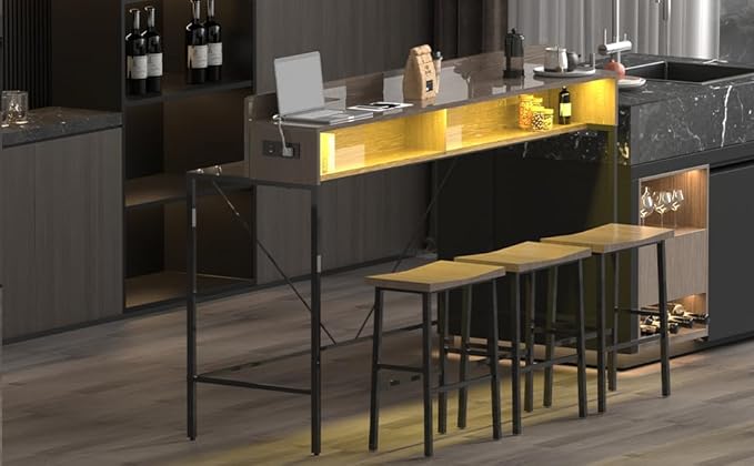 59" Bar Height Table and Chairs Set – Farmhouse Style Bar Table with 3 Saddle Stools, Perfect as Kitchen Table, Small Dining Table with Chairs, or Kitchen Island Seating Solution (Grey)