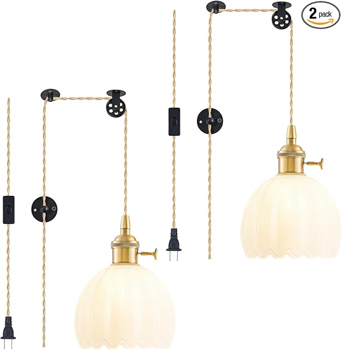 2 Pack Plug in Pendant Light Fixtures, Hanging Light Fixture Vintage Glass Pendant Light, Mini Milk White Tulip Hanging Lamp, Pendant Lighting for Kitchen Island, Bedroom, Dining Room, Living Room