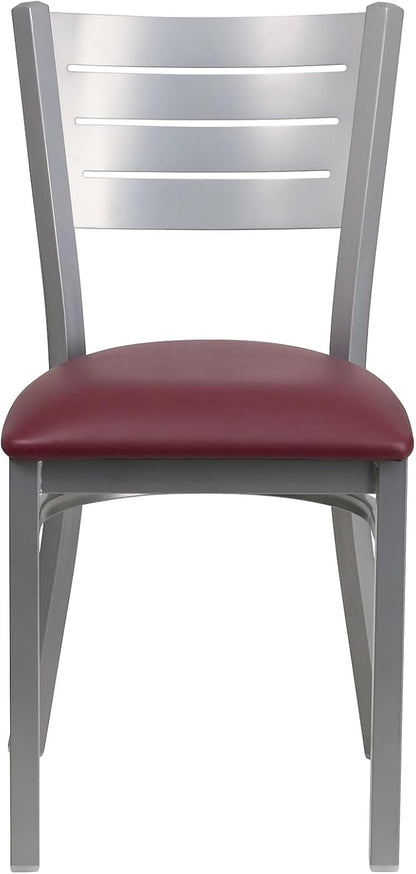 Flash Furniture HERCULES Series Silver Slat Back Metal Restaurant Chair - Burgundy Vinyl Seat