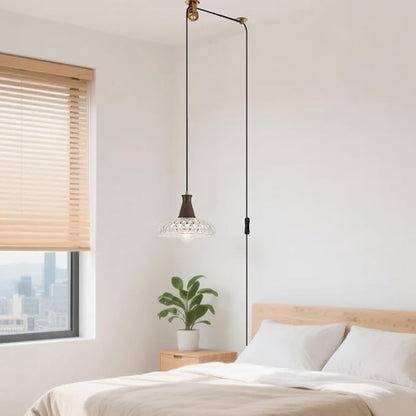 YLONG-ZS Hanging Lamp Plug in,Hanging Lights with Plug in Cord Glass Modern Pulley Walnut Color Wood Plug in Pendant Lights Vintage for Kitchen Island,Living Room,Bedroom,Dining Room,Corner