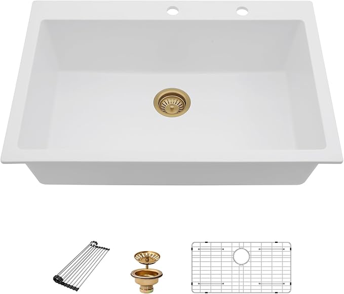33 Granite Composite Kitchen Sink - Beslend 33x22 Inch Drop In Granite Kitchen Sink Topmount White Quartz Sinks Classic Above Counter Single Bowl Basin