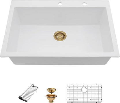 33 Granite Composite Kitchen Sink - Beslend 33x22 Inch Drop In Granite Kitchen Sink Topmount White Quartz Sinks Classic Above Counter Single Bowl Basin