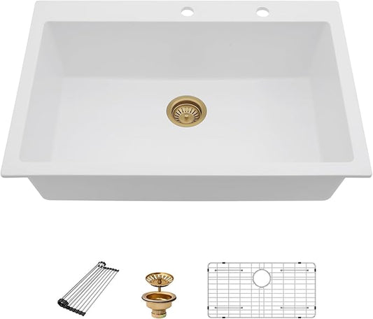 33 Granite Composite Kitchen Sink - Beslend 33x22 Inch Drop In Granite Kitchen Sink Topmount White Quartz Sinks Classic Above Counter Single Bowl Basin