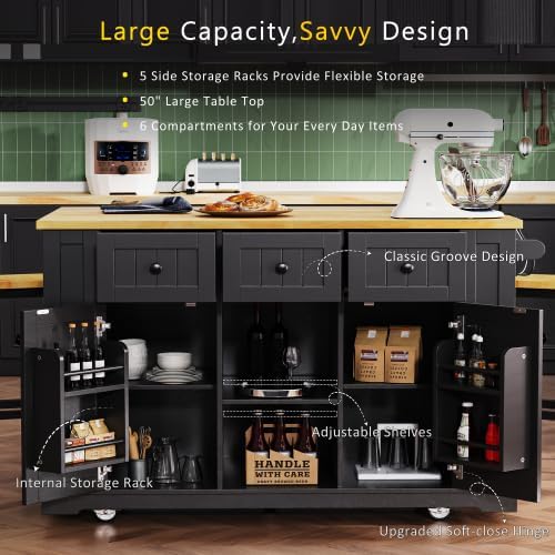 Bellemave 53" Mobile Kitchen Island with Drop Leaf, Rolling Kitchen Cart with Power Outlet and Door Internal Storage Rack, Island Table with 5 Open Side Racks for Dining Room (Black)
