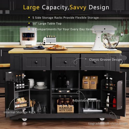Bellemave 53" Mobile Kitchen Island with Drop Leaf, Rolling Kitchen Cart with Power Outlet and Door Internal Storage Rack, Island Table with 5 Open Side Racks for Dining Room (Black)
