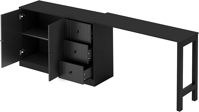 JIJIWANG 89.7'' Wooden Sideboard with Extendable Table,Multifunctional Storage Kitchen Island with 2 Doors and 3 Drawers,for Living Room,Study,Foyer and Kitchen, Black