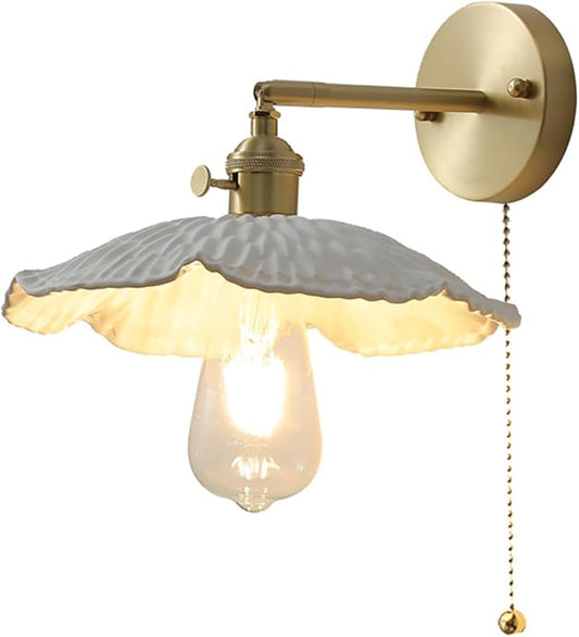 Vintage Wall Light Fixture Gold Wall Sconces with White Glass Shade Pull Chain Wall Lamp Mid-Century Modern Wall Sconce Light for Bedroom Living Room Farmhouse