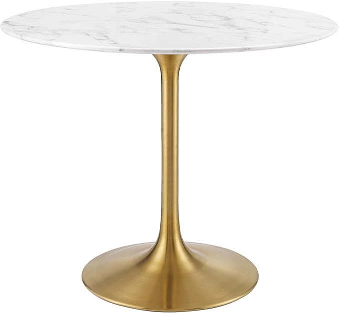 Modway Lippa 36" Mid-Century Dining Table with Round Artificial Marble Top in Gold White