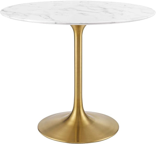 Modway Lippa 36" Mid-Century Dining Table with Round Artificial Marble Top in Gold White