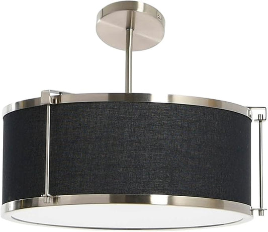 Harrison- Metal Semi-Flush Mount Ceiling Light with Captured Linen Shade, Black and Brushed Nickel
