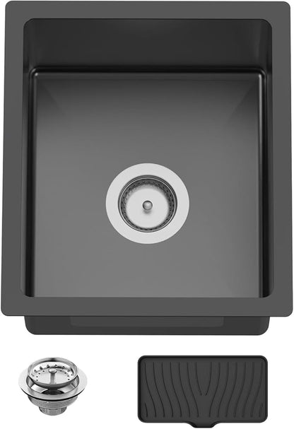 Black 15x17 In Undermount Kitchen And Bar Sink- Stainless Steel Single Bowl Kitchen Sink Modern Drop In Bar Sink With Silicon Mat,Drain Strainer Set Compatibility With Various Kitchen & Bar Style