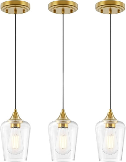 Ralbay Farmhouse Brushed Gold Pendant Light 3-Pack, Pendant Light Fixtures with Wine Clear Glass Shade, Kitchen Island Lighting for Dining Room, Rustic Adjustable Hanging Lighting Fixture