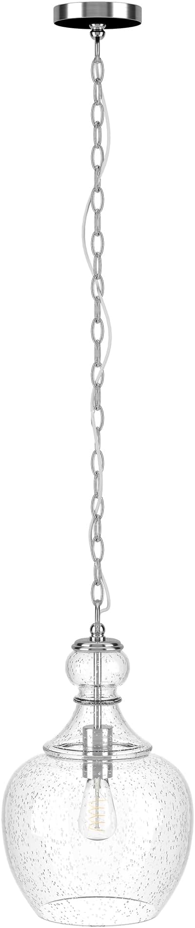 Henn&Hart 11" Mid-Century Modern Pendant Light Fixture with Seeded Glass Dome Shade and 6' Adjustable Cord for Kitchen Island, Dining Room or Game Room, Brushed Silver