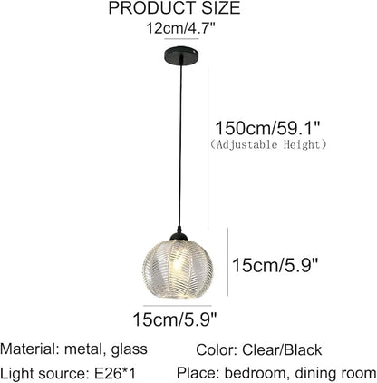 Clear Glass Pendant Light Vintage Hanging Light Fixture with Clear Ribbed Glass Shade Mid Century Modern Pendant Lighting for Kitchen Island Dining Living Room Bedroom Farmhouse