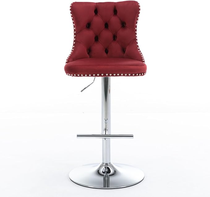 Swivel Velvet Bar stools Adjusatble Seat Height from 25 33 Inch, Chrome Base Bar Stools with Backs Comfortable Tufted for Home Pub and Kitchen Island, Wine Red,Burgundy,Set of 2,1712WR