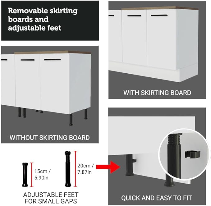 Madesa Hazel Kitchen Storage Buffet Base Cabinet with Adjustable Feet 47 Inch Engineered Wood Slab Doors Painted Finish Floor Mount Removable Plinth - White