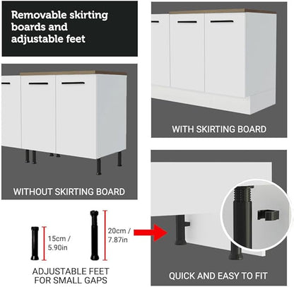 Madesa Hazel Kitchen Storage Buffet Base Cabinet with Adjustable Feet 47 Inch Engineered Wood Slab Doors Painted Finish Floor Mount Removable Plinth - White