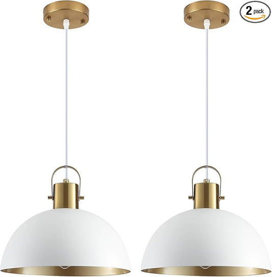 White and Gold Pendant Light 2 Pack, 11.8 Inch Dome Pendant Lights Kitchen Island, White Farmhouse Pendant Lights for Kitchen Island, Dining Room, Living Room