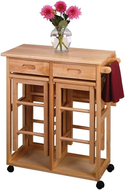 Furnifact Folding Kitchen Trolley Drop Leaf Table with Two Stools, Compact Folding Dining Table with Chairs and Storage, Small Kitchen Cart with Seating