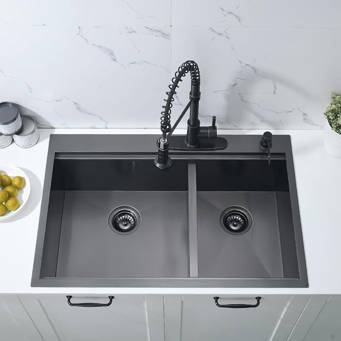 33 Inch Black Drop In Double Bowl Kitchen Sink Workstation-Bokaiya 33x22 Drop In Black Stainless Steel Top Mount Workstation Sink 16 Gauge Low Divide 60/40 Double Sink with Cutting Board