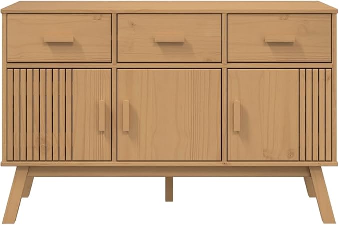 Brown Solid Pinewood Sideboard, Wax Finish, 44.9" x 16. 28. Buffet Cabinet with Drawers, Scandinavian Furniture for Living Room, Kitchen Island Storage Dining Storage