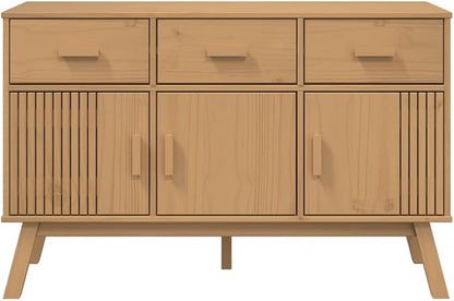 Brown Solid Pinewood Sideboard, Wax Finish, 44.9" x 16.9" x 28.9" Buffet Cabinet with Drawers, Scandinavian Furniture for Living Room, Kitchen Island Storage Kitchen Furnitur