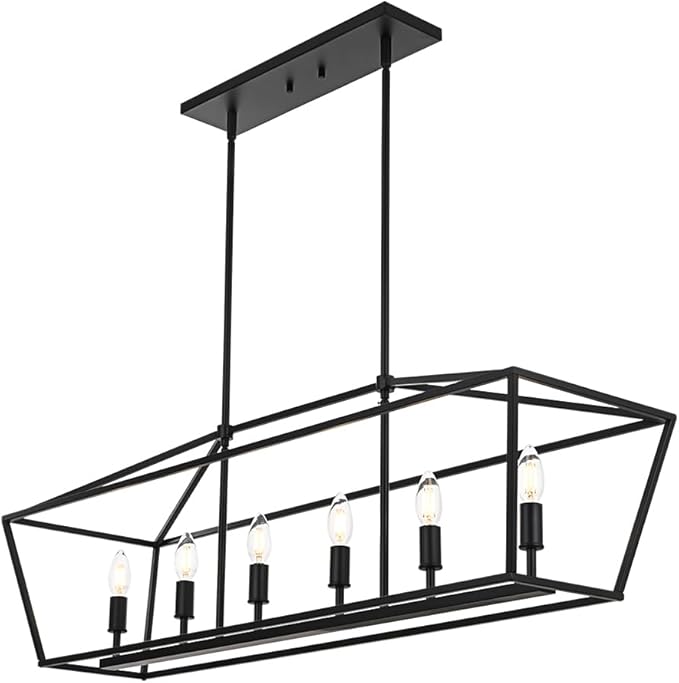 BONLICHT 6 Light Farmhouse Chandelier Black Modern Linear Kitchen Island Lights Industrial Vintage Candle-Style Dining Room Lighting Fixture Hanging Foyer Ceiling Lights with Adjustable Rods,E12 Base