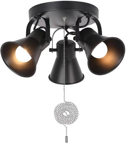SEEBLEN 3-Light Industrial Track Lighting with Pull Chain On/Off Switch, Adjustable Round Kitchen Ceiling Light, Morden Black Flush Mount Directional Light for Kitchen, Hallway, Dining Room, Bathroom