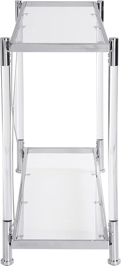 Silver Console Table with Chrome Metal Frame, 2-Tier Rectangular Clear Glass Acrylic Console Table with Storage Shelf, Narrow Hallway Tables Modern Entryway Tables for Living Room