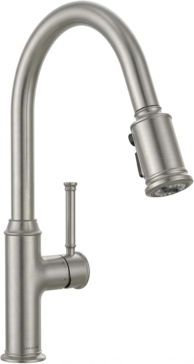 Lava Odoro Curtura Brushed Nickel Kitchen Faucet with Pull Down Sprayer, Brass Kitchen Sink Faucet Single Handle Pull-Down Kitchen Faucet for Sink 1 Hole and 3 Hole, Deck Plate Included, KF421-BN
