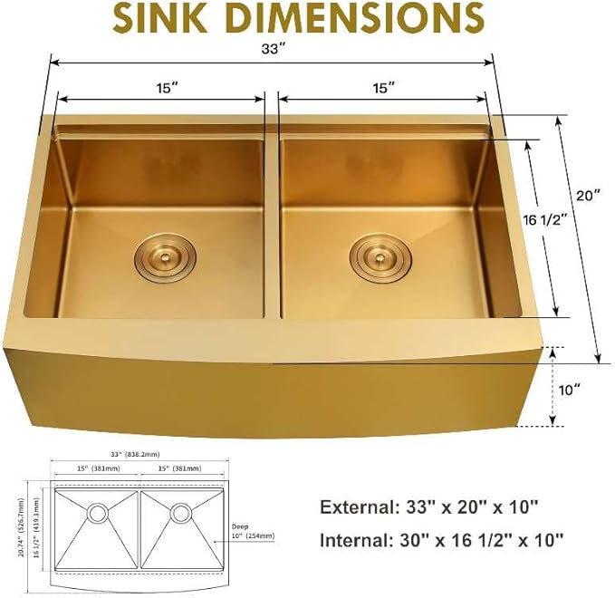 33 Inch Gold Farmhouse Sink Undermount Double Bowl, 16 Gauge 50/50 Stainless Steel Apron Front Workstation Far Sink, 33"x20"x10" Large and Deep Kitchen Sink With Accessories
