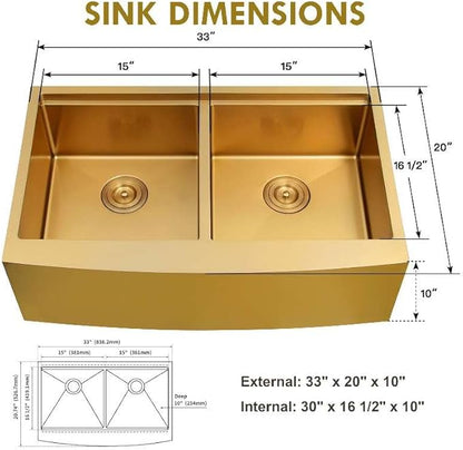 33 Inch Gold Farmhouse Sink Undermount Double Bowl, 16 Gauge 50/50 Stainless Steel Apron Front Workstation Far Sink, 33"x20"x10" Large and Deep Kitchen Sink With Accessories