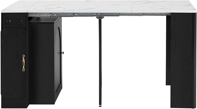 Extendable Dining Table with 3 Removable Middle Leaves, Mobile Rolling Island Table with Power Outlet, Saving-Space Cabinet with Storage for Dining Room and Living Room (Black)