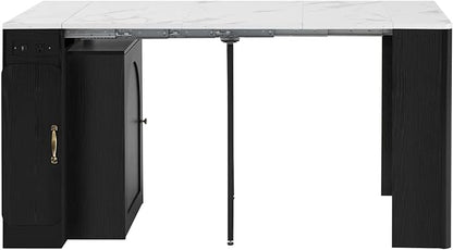 Extendable Dining Table with 3 Removable Middle Leaves, Mobile Rolling Island Table with Power Outlet, Saving-Space Cabinet with Storage for Dining Room and Living Room (Black)