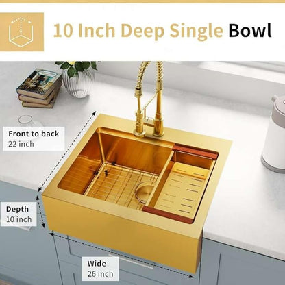 26 Inch Farmhouse Gold Sink, 16 Gauge 304 Stainless Steel Farm Sinks, Drop In Topmount Single Bowl Workstation Sink with all Accessories, 26" x 22" x 10" Deep Kitchen Sink