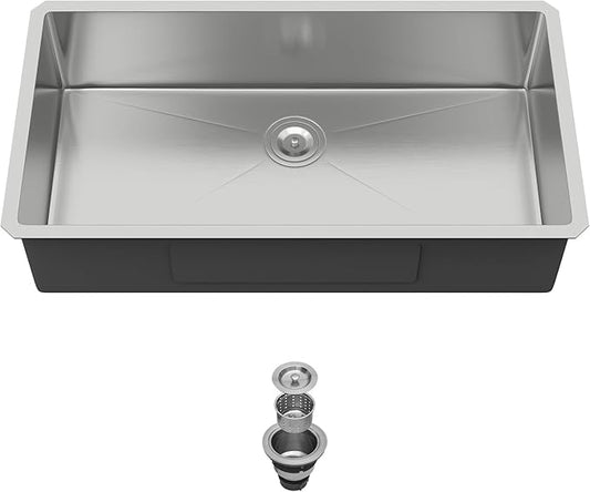 36 Inch Undermount Kitchen Sink 16 Gauge Stainless Steel Single Bowl Rectangular Handmade Sinks Large Deep Under Counter Basin, 36"x19"x9"