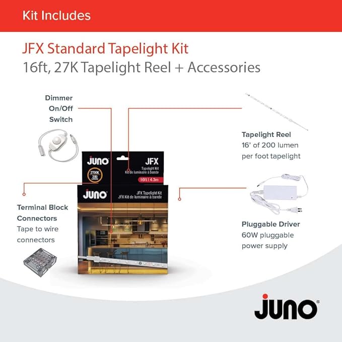 Juno JFX LED Tapelight Starter Kit, 16 Foot Warm White LED Strip Light, Flexible Under Shelf LED Lighting with Dimmer, 200 Lumens, Easy Install Plug-in Light Strip for Kitchen or Accent Lighting