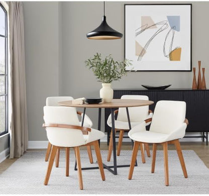 Mid Century Modern Chair with Walnut Bamboo Frame, Cream Fabric Upholstered Foam Padded Seat and Backrest for Kitchen Island Dining Room Accent Chair