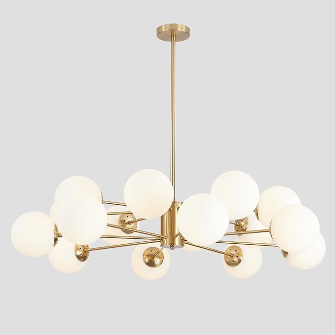 BOKT Gold Sputnik Chandelier 16-Light Globe Pendant Light Modern Ceiling Light Fixture Brushed Brass Chandelier Milk Glass Ball Large Pendant Lighting for Dining Room Kitchen Island Living Room