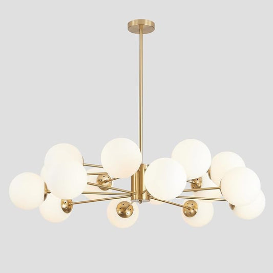 BOKT Gold Sputnik Chandelier 16-Light Globe Pendant Light Modern Ceiling Light Fixture Brushed Brass Chandelier Milk Glass Ball Large Pendant Lighting for Dining Room Kitchen Island Living Room