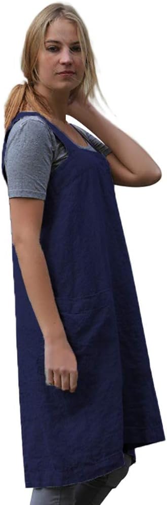 Larmliss Women's Pinafore Square Apron Baking Cooking Gardening Works Cross Back Cotton/Linen Blend Dress with 2 Pockets