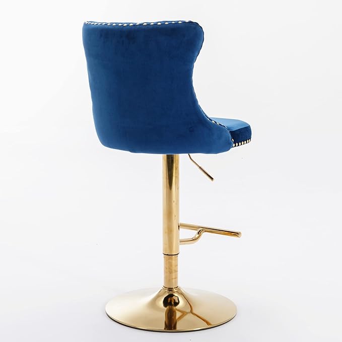 Rhomtree Velvet Swivel Bar Stools Upholstered Bar Stool with Button Tufted Back and Pull Ring Height Adjustable Barstools 25-33 Inch for Home Pub and Kitchen Island (Blue with Gold Base, Set of 8)