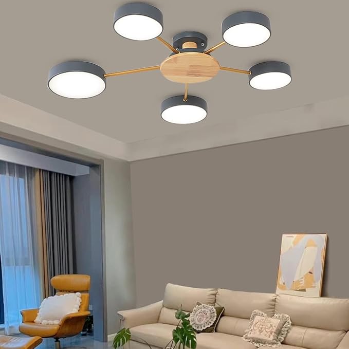5-Lights LED Ceiling Light Fixture,32 Inch Modern Ceiling Lights Flush Mount Wooden 40W Dimmable Chandelier for Living Room Bedroom Kitchen,3000K/4000K/6000K Grey