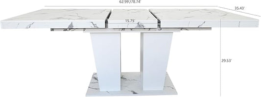 78.74" Extendable Dining Table for 6 8 10 Person, Modern White Faux Marble Expandable Kitchen Table with Dual Column Pedestal, Large Rectangle Wooden Expanding Table for Kitchen Dining Conference Room