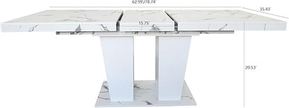 78" Dining Table for 4-10,Modern White Faux Marble Expandable Rectangular Kitchen Table,Long Dining Room Tables with Double Sturdy Pedestal Base for Kitchen Living Room (White Marble)