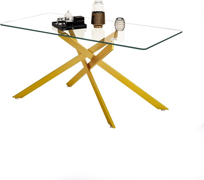 60.63" Rectangular Glass Dining Table,Glass Dining Room Table with Tempered Glass Tabletop and Metal Legs, Modern Style Kitchen Table for Home, Kitchen, Dining Room